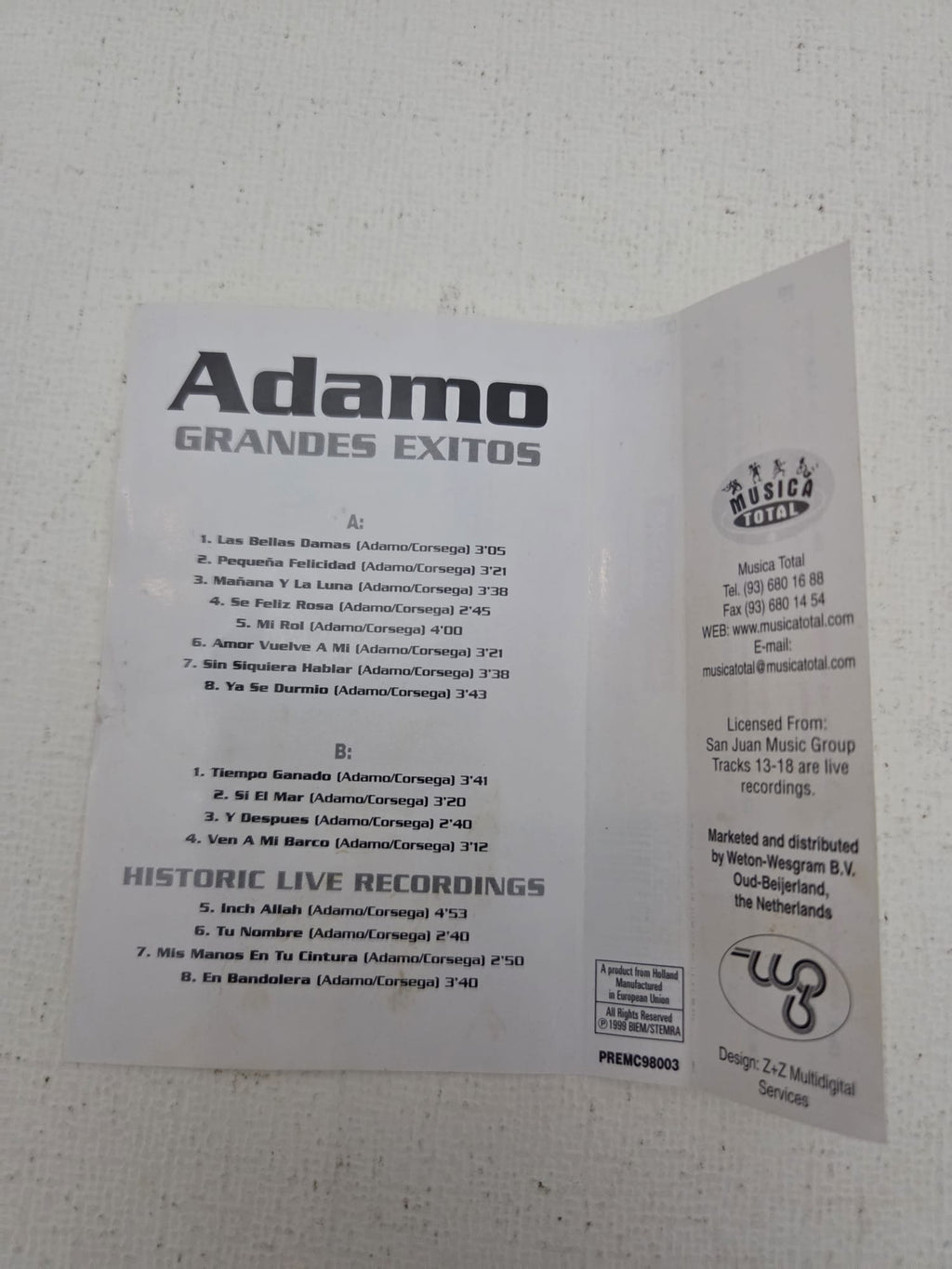 Cassette Adamo - Grandes Éxitos (Historic Live Recordings) | Cinta Cassette Original