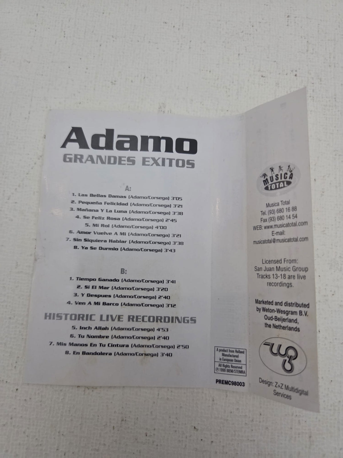Cassette Adamo - Grandes Éxitos (Historic Live Recordings) | Cinta Cassette Original