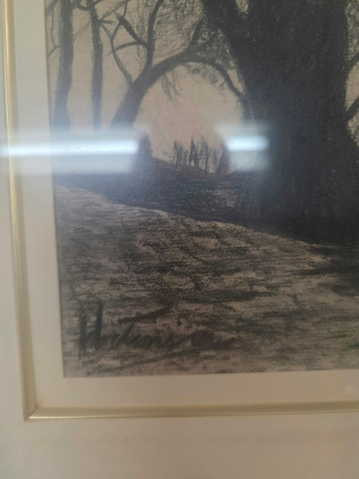 Cuadro / Dibujo Paisaje Pastoral con Pastor y Ovejas - Enmarcado con Cristal (Aprox. 37x48 cm)