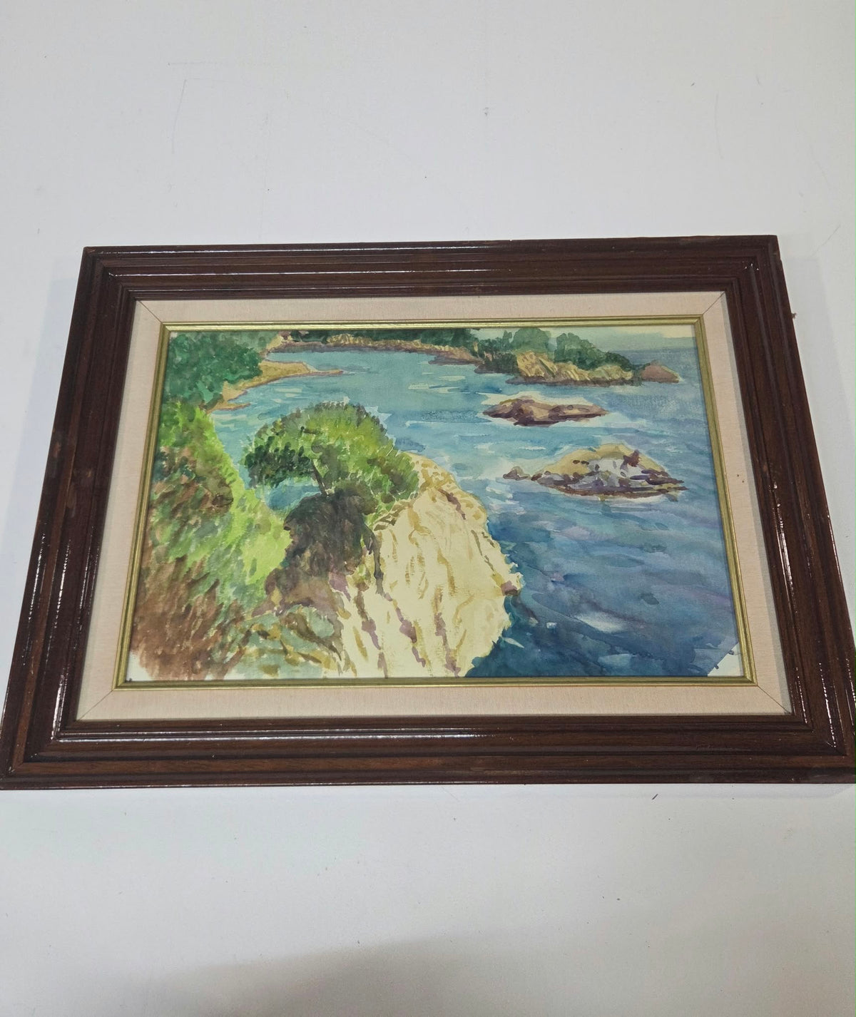 Cuadro Acuarela Paisaje Costero / Marina con Marco de Madera (Aprox. 65x47 cm)