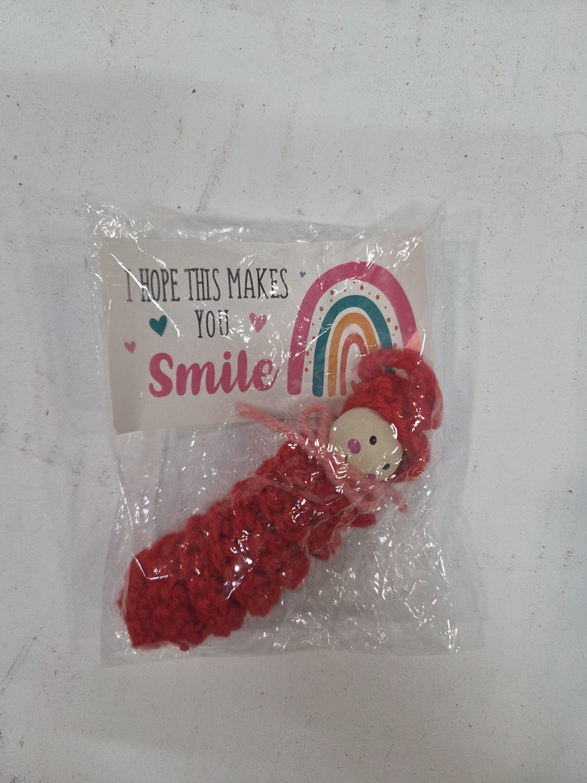 Muñeco / Gusano Amigurumi Tejido a Croché con Tarjeta de Regalo ("I hope this makes you smile")