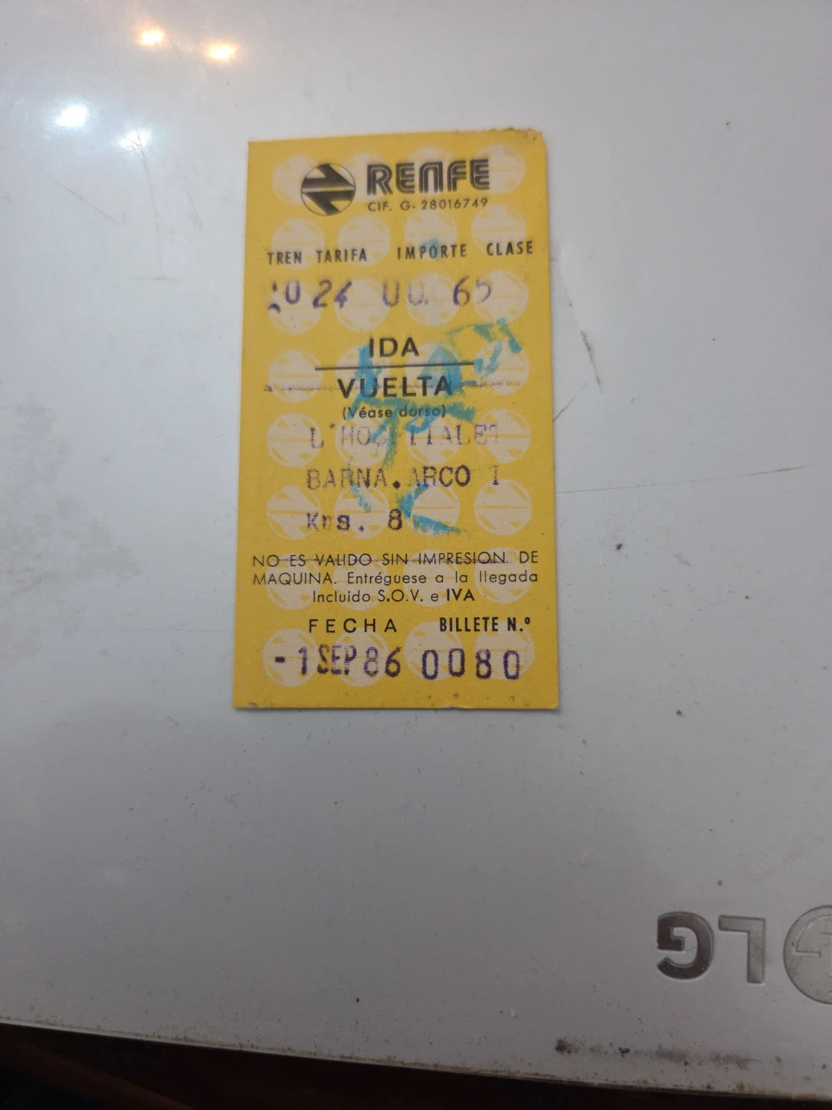 Antiguo boleto de tren de 1986