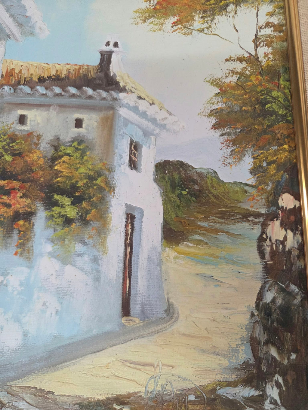 Cuadro al Óleo Paisaje Rural Mediterráneo – Casa Blanca Tradicional con Marco de Madera (45 x 52 cm)
