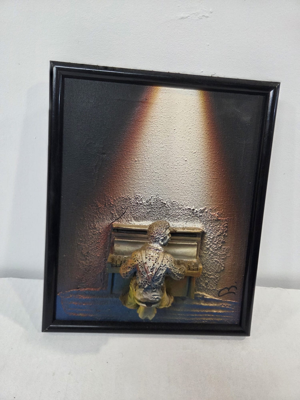 Cuadro En Relieve Pianista De Jazz En Lona / Marco Negro Vintage