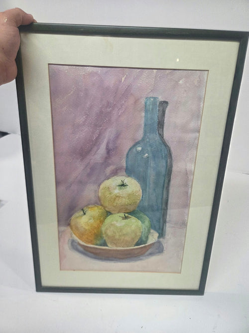 Acuarela original - Bodegón con Manzanas y Botella Azul (Enmarcado)