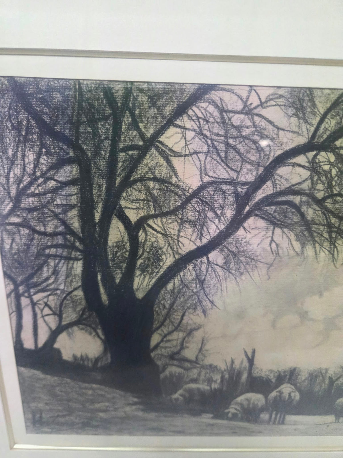 Cuadro / Dibujo Paisaje Pastoral con Pastor y Ovejas - Enmarcado con Cristal (Aprox. 37x48 cm)