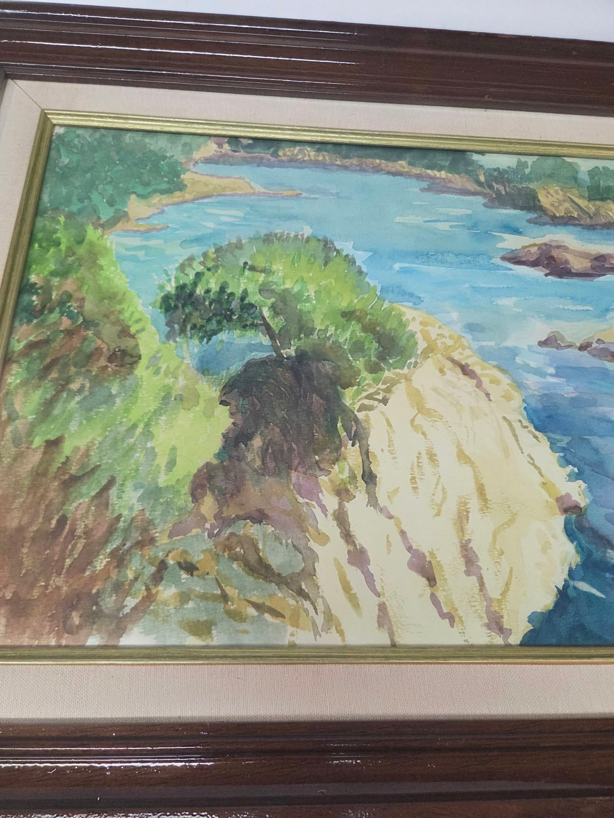 Cuadro Acuarela Paisaje Costero / Marina con Marco de Madera (Aprox. 65x47 cm)