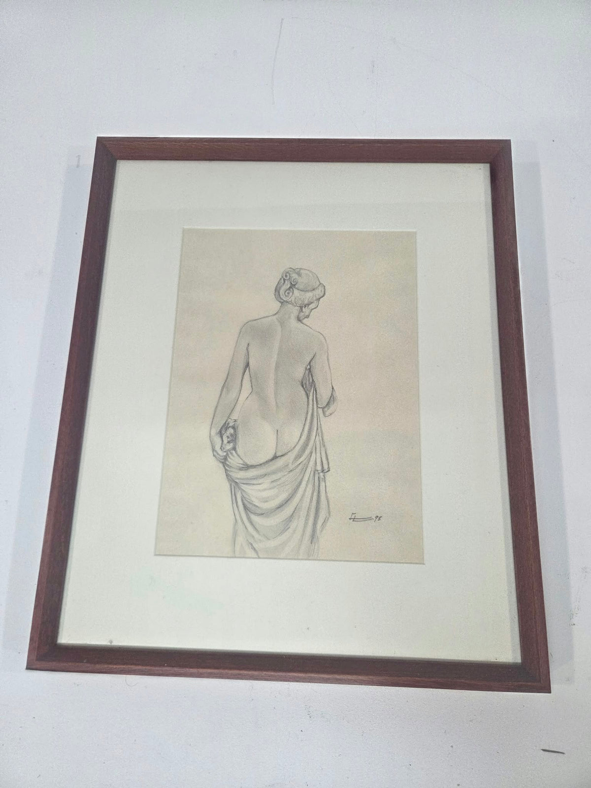 Cuadro / Dibujo a lápiz estilo clásico "Desnudo femenino" (Año 98) - Con Marco y Paspartú