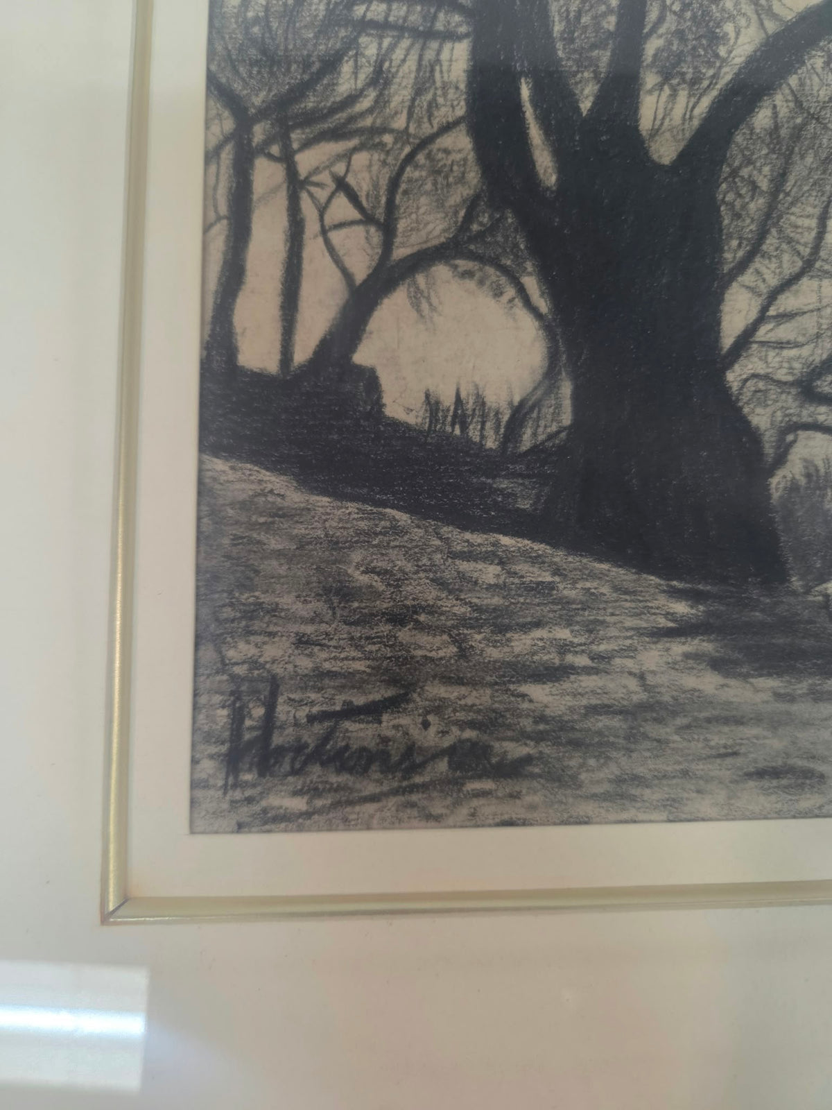 Cuadro / Dibujo Paisaje Pastoral con Pastor y Ovejas - Enmarcado con Cristal (Aprox. 37x48 cm)