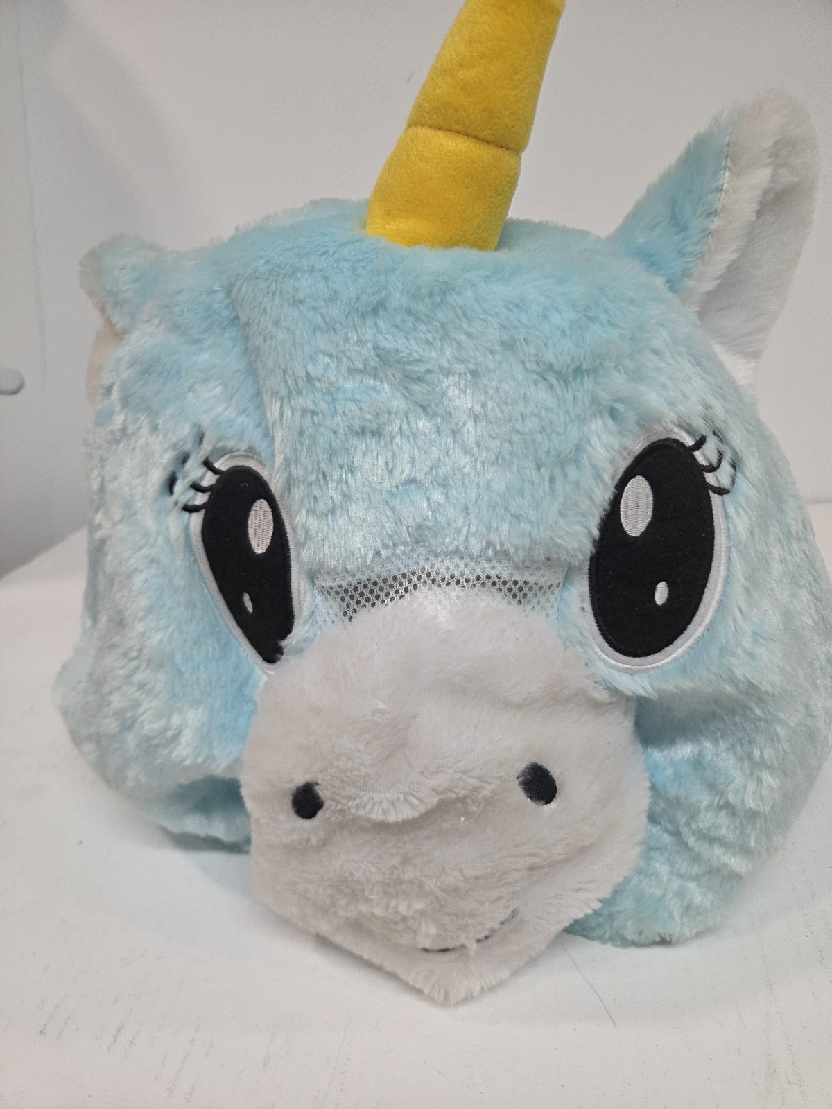 Máscara / Gorro de Peluche de Unicornio Azul (Acolchado y Suave)