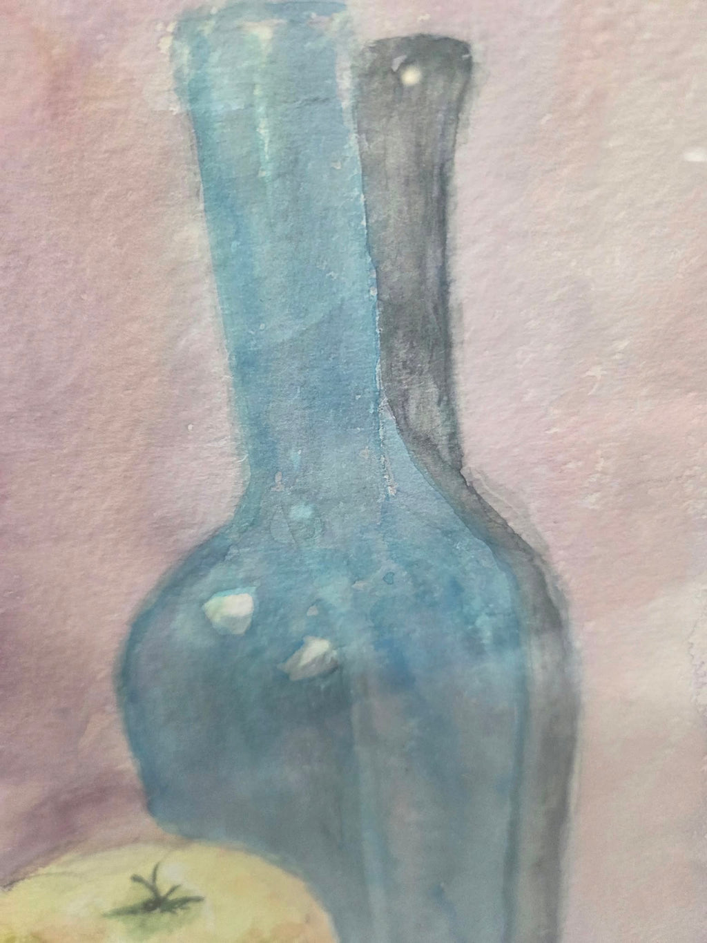 Acuarela original - Bodegón con Manzanas y Botella Azul (Enmarcado)