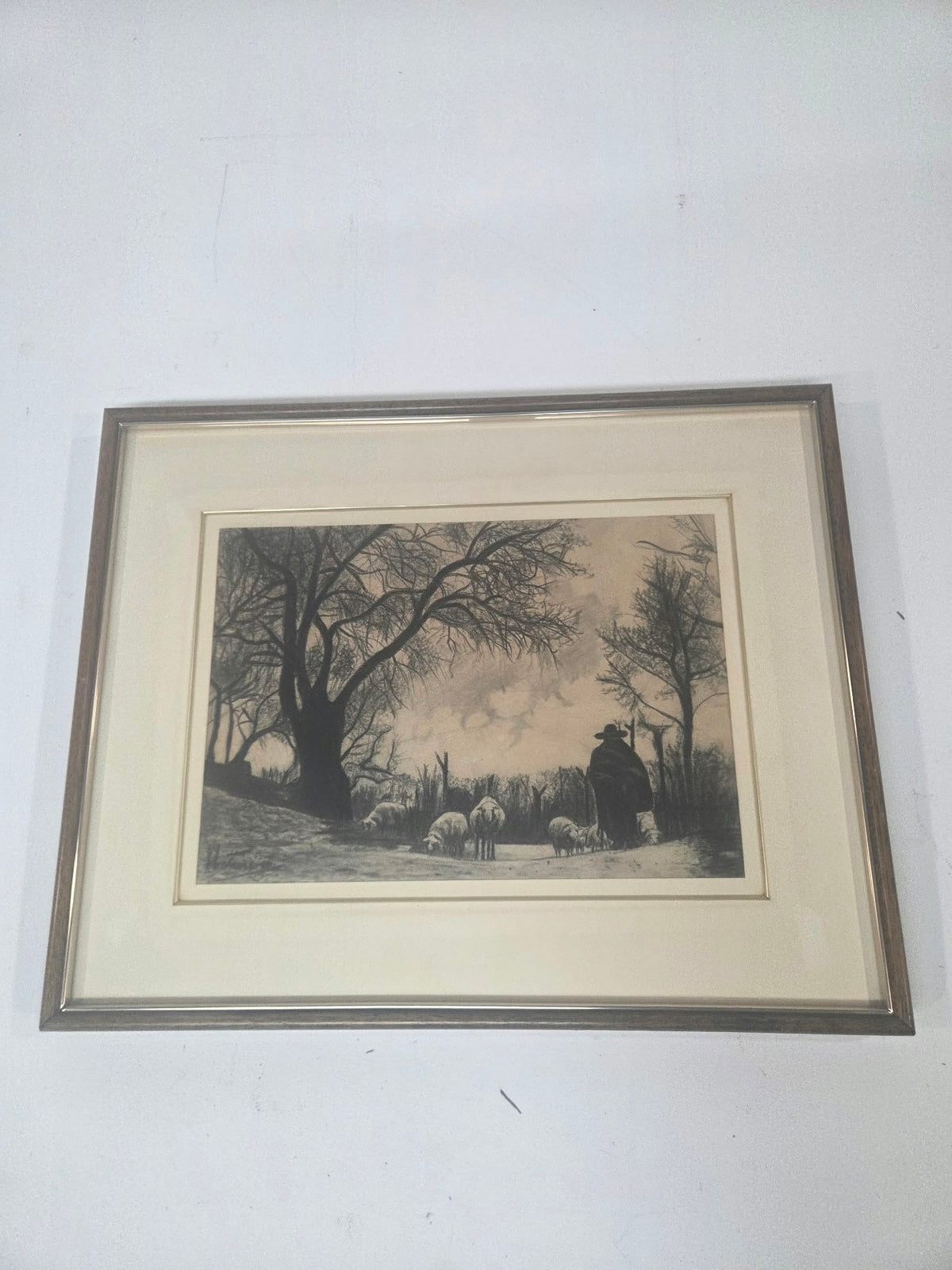 Cuadro / Dibujo Paisaje Pastoral con Pastor y Ovejas - Enmarcado con Cristal (Aprox. 37x48 cm)