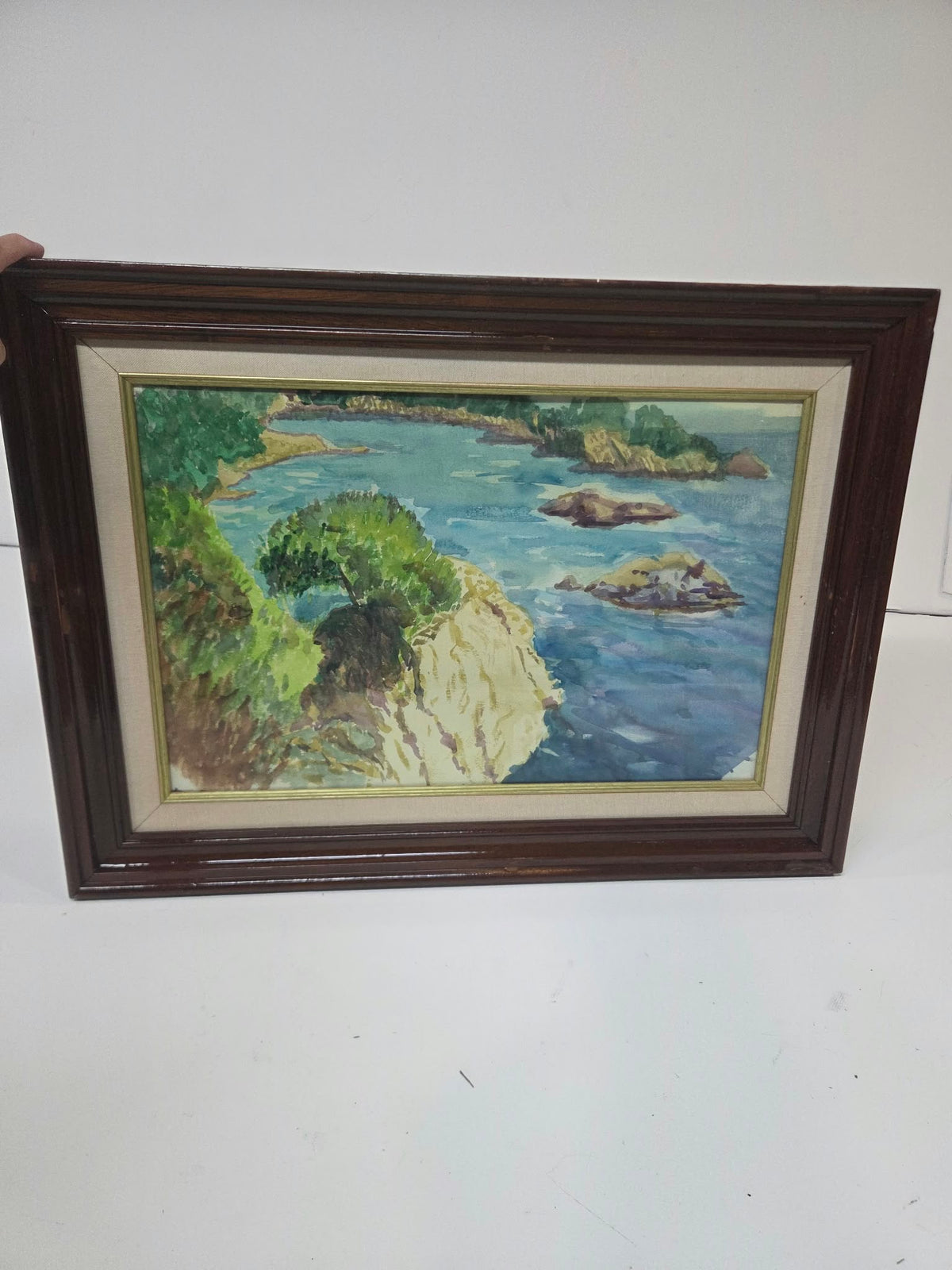 Cuadro Acuarela Paisaje Costero / Marina con Marco de Madera (Aprox. 65x47 cm)