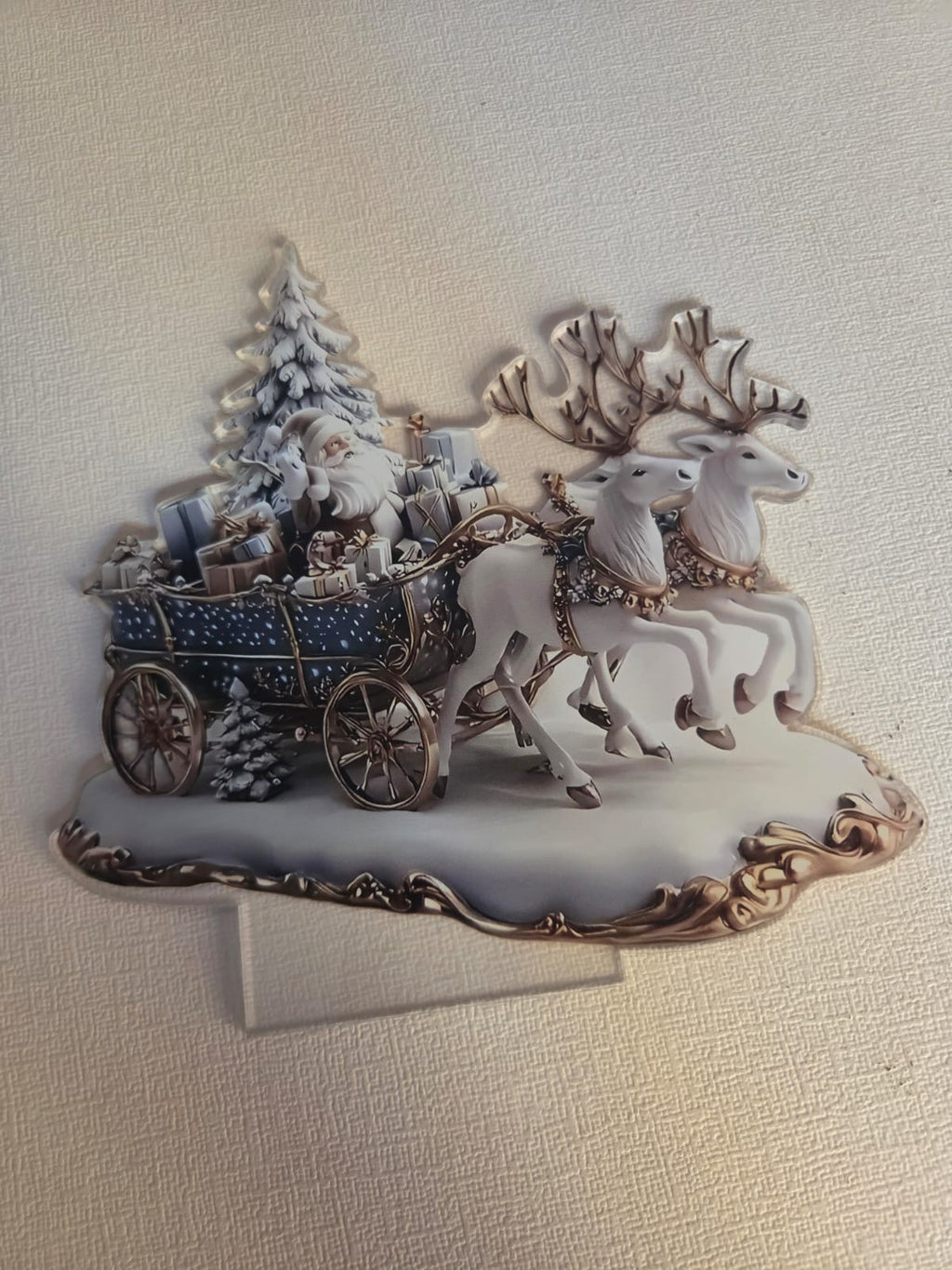 Adorno Decorativo Navideño de Acrílico – Papá Noel en Trineo con Renos