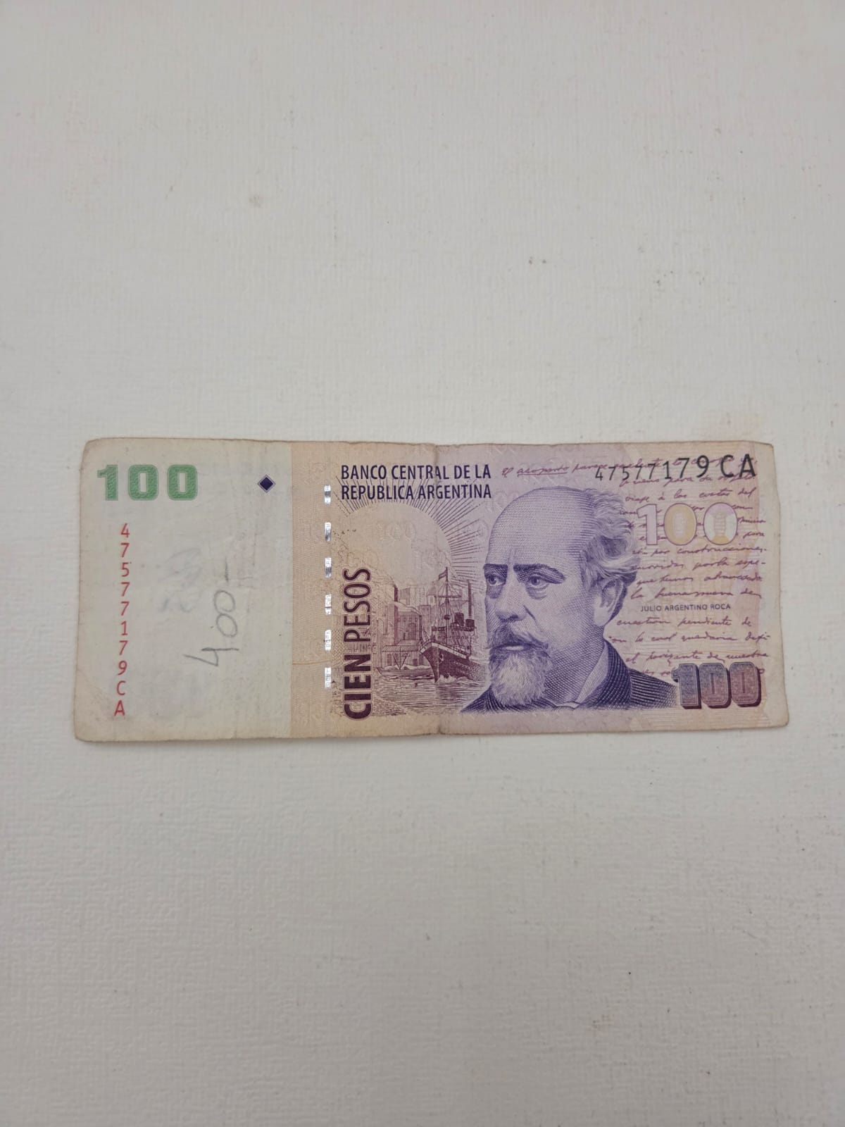 Billete Argentina 100 Pesos - Julio Argentino Roca - Serie CA - Circulado (Notas a bolígrafo)