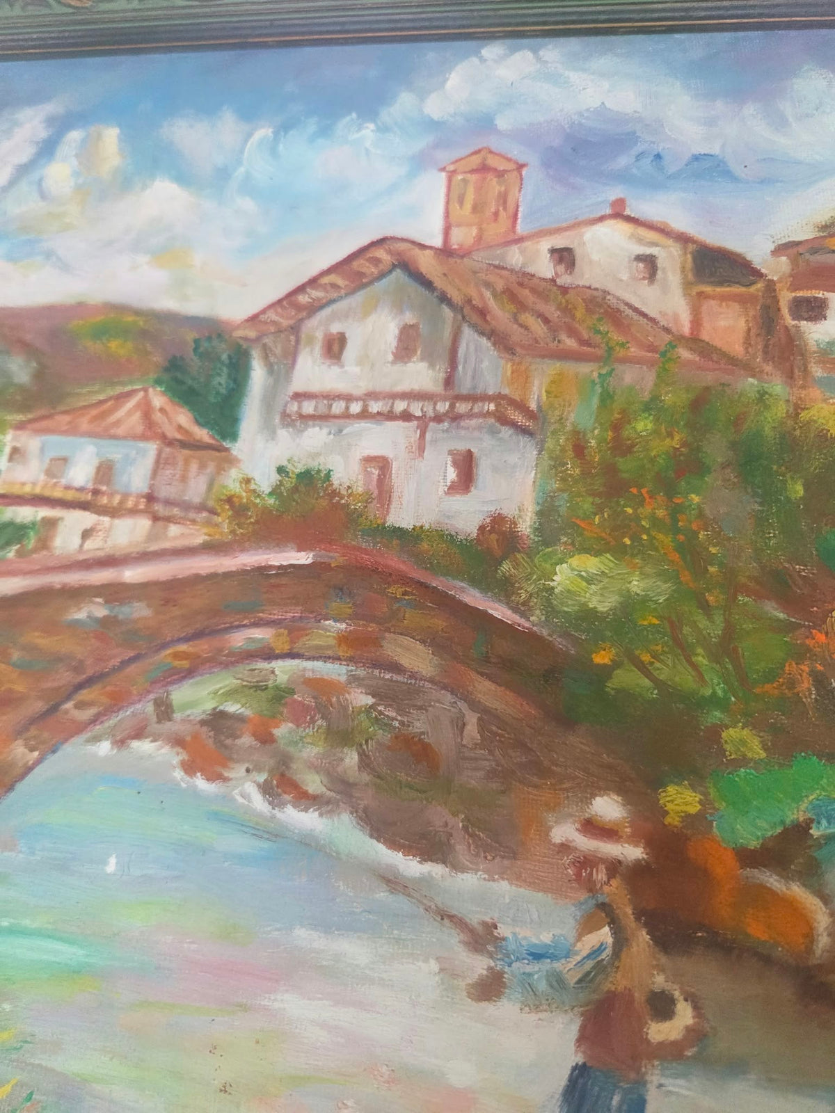 Cuadro al Óleo Paisaje Rural con Pescador y Puente – Firmado M. Lopera (Con Marco)