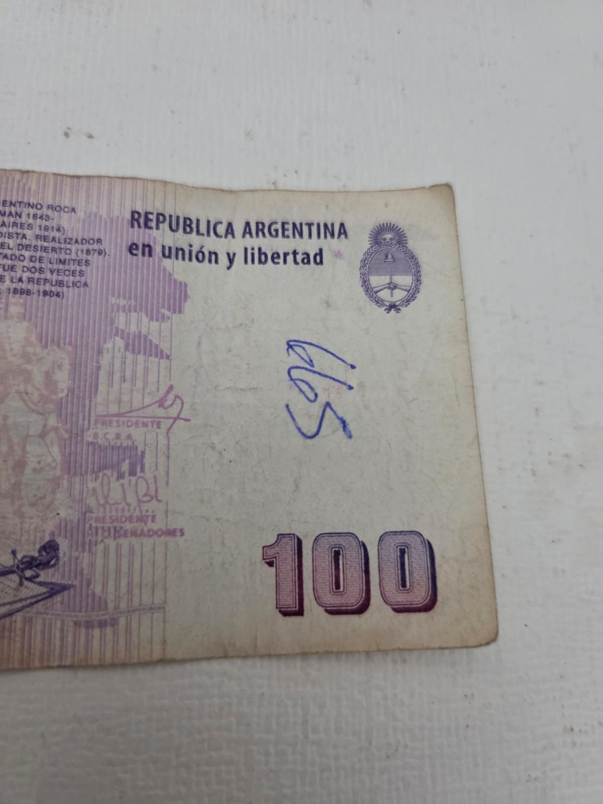 Billete Argentina 100 Pesos - Julio Argentino Roca - Serie CA - Circulado (Notas a bolígrafo)