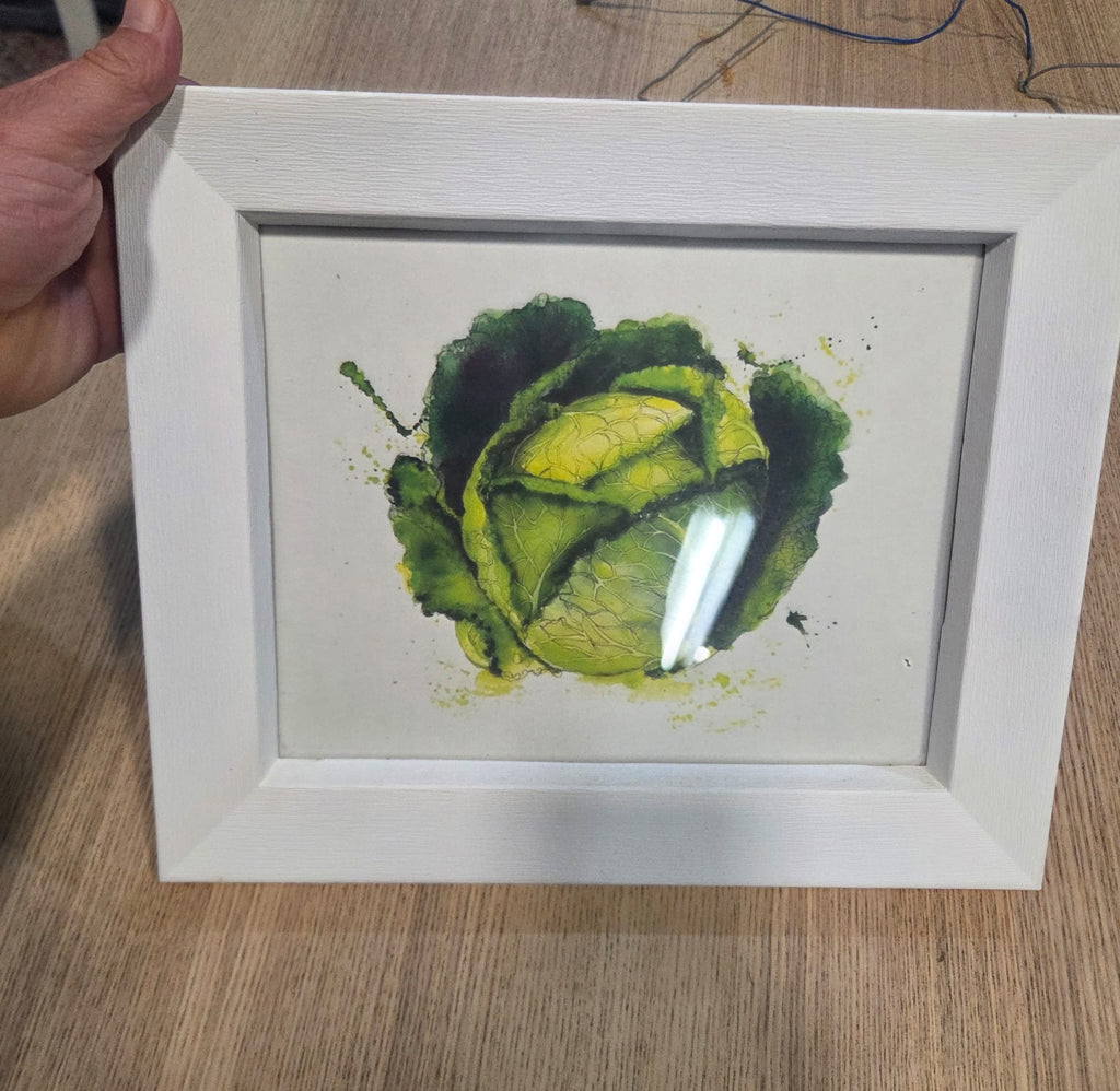Cuadro Decorativo Ilustración de Col / Repollo (Acuarela con Marco Blanco)
