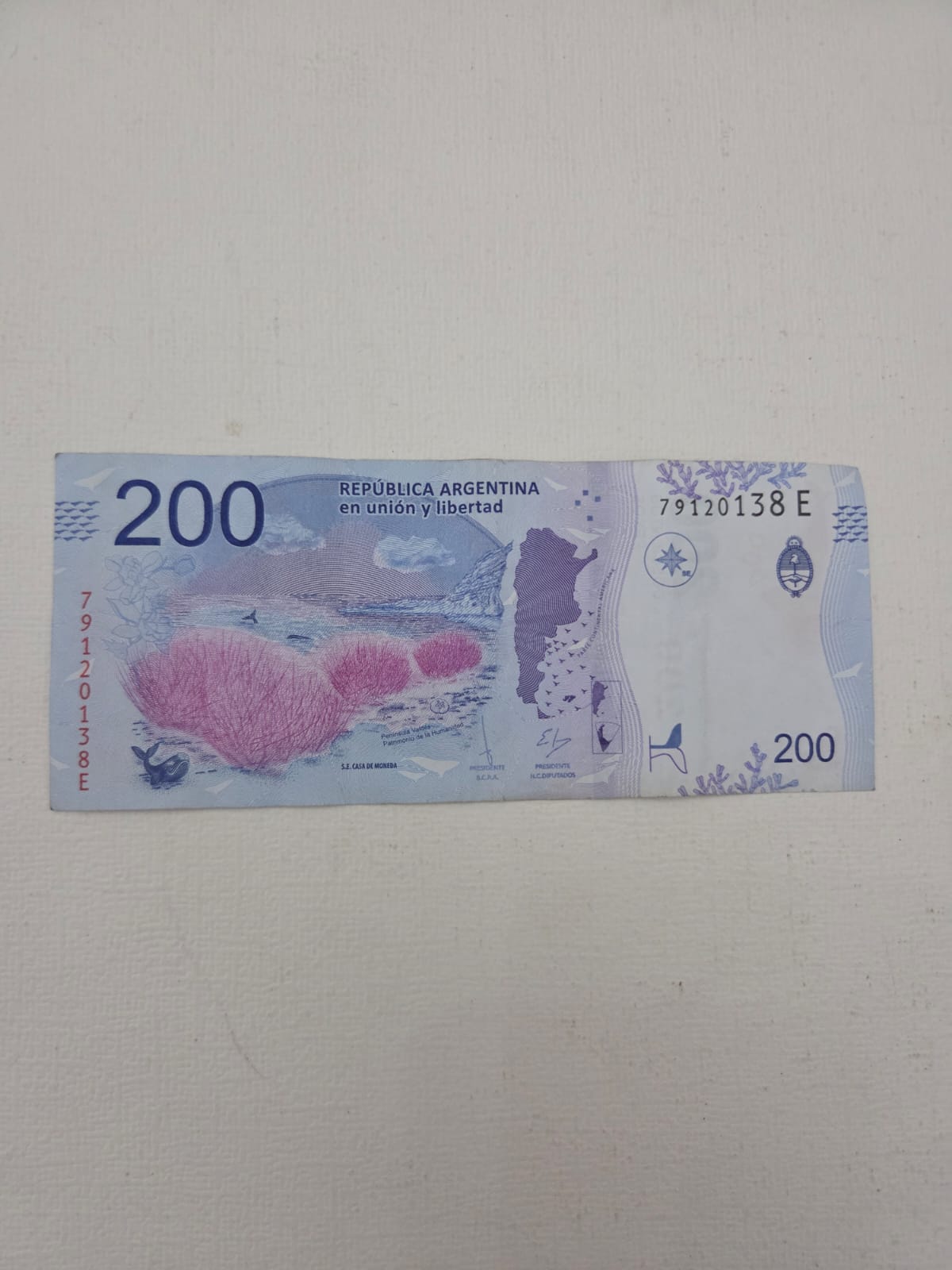 Billete Argentina 200 Pesos - Ballena Franca Austral - Serie E (79120138 E)