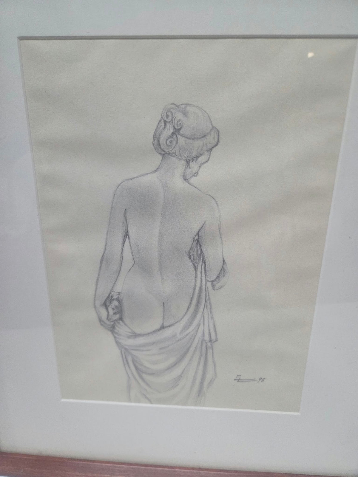 Cuadro / Dibujo a lápiz estilo clásico "Desnudo femenino" (Año 98) - Con Marco y Paspartú