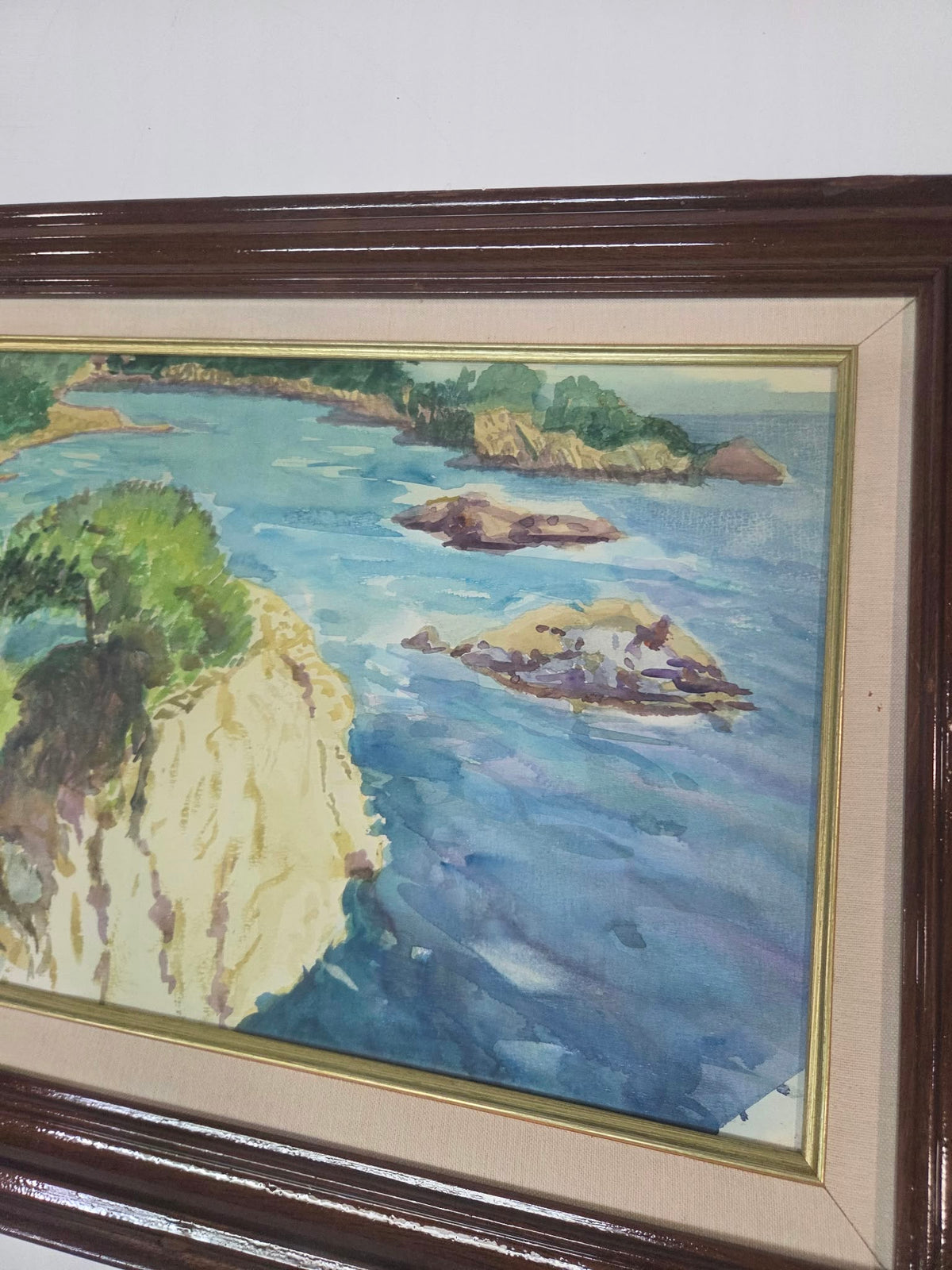 Cuadro Acuarela Paisaje Costero / Marina con Marco de Madera (Aprox. 65x47 cm)
