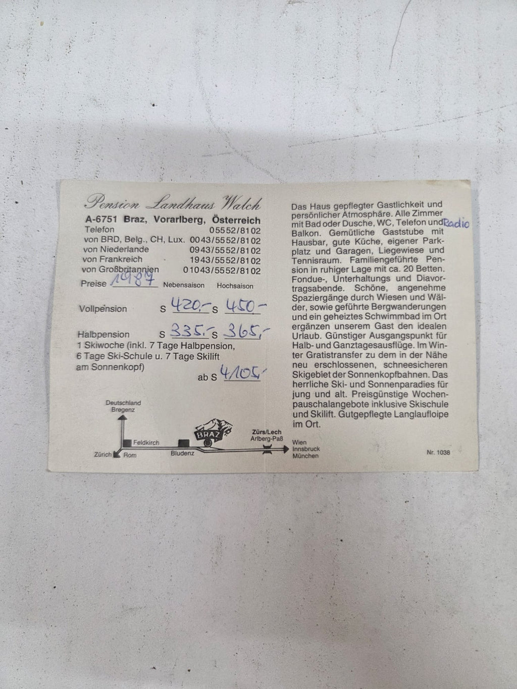 Postal vintage Pensión Landhaus Walch (Braz, Vorarlberg, Austria - 1987)