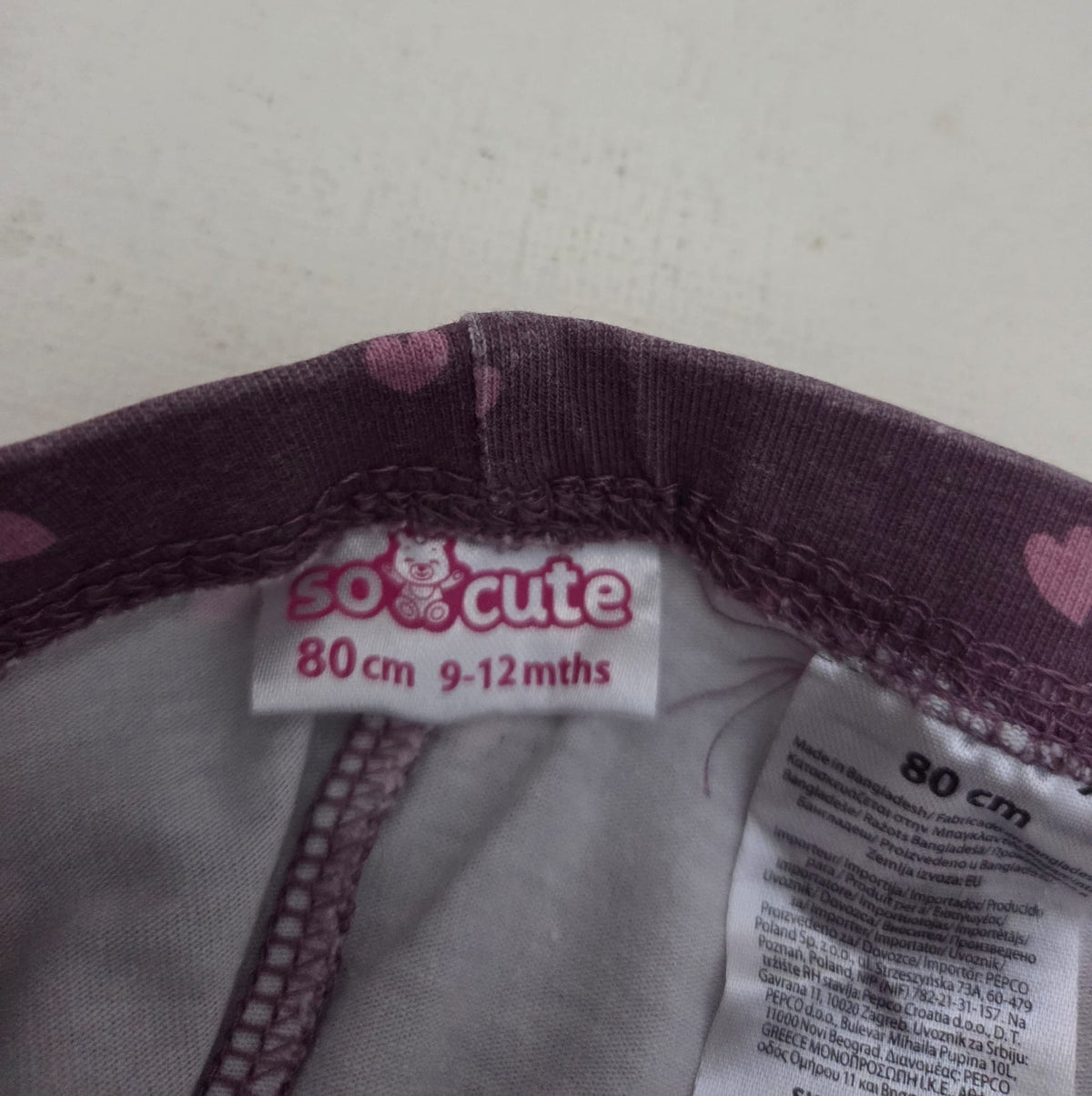 Leggings / Mallas Moradas con Corazones Rosas Talla 12-18m (86cm)